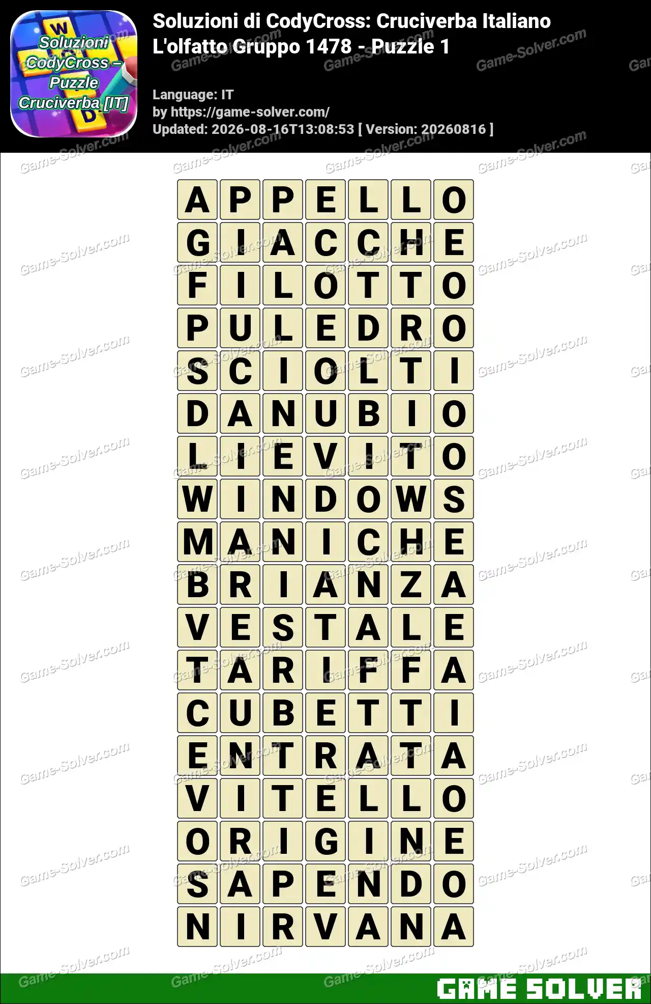 Soluzioni di CodyCross: Cruciverba Italiano L’olfatto Gruppo 1478 – Puzzle 1